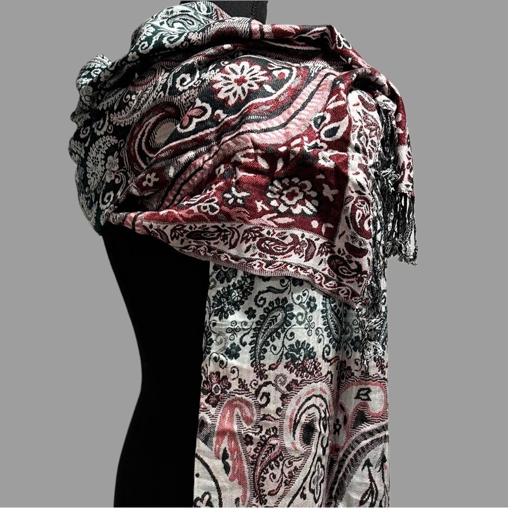 Elegant Shawl in Green & Red Paisley -Versatile Wrap, Scarf, or Veil, Soft Rayon - Picture 14 of 17